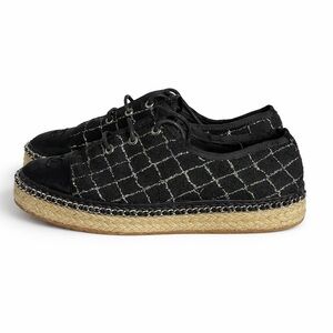 CHANEL Black Quilted Lace-Up Espadrille Sneakers Size 38 Designer Luxury
